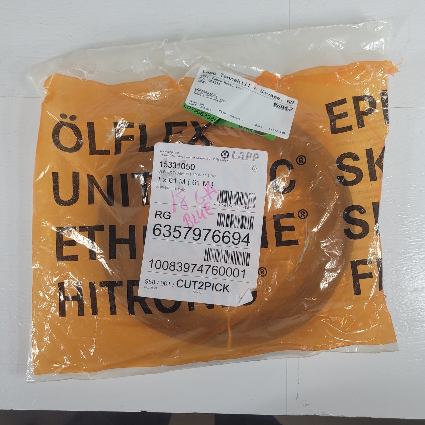 140 ft LAPP 15331050 ÖLFLEX TRAIN 331 600V 1x1 BU Blue Rail Wire Cable