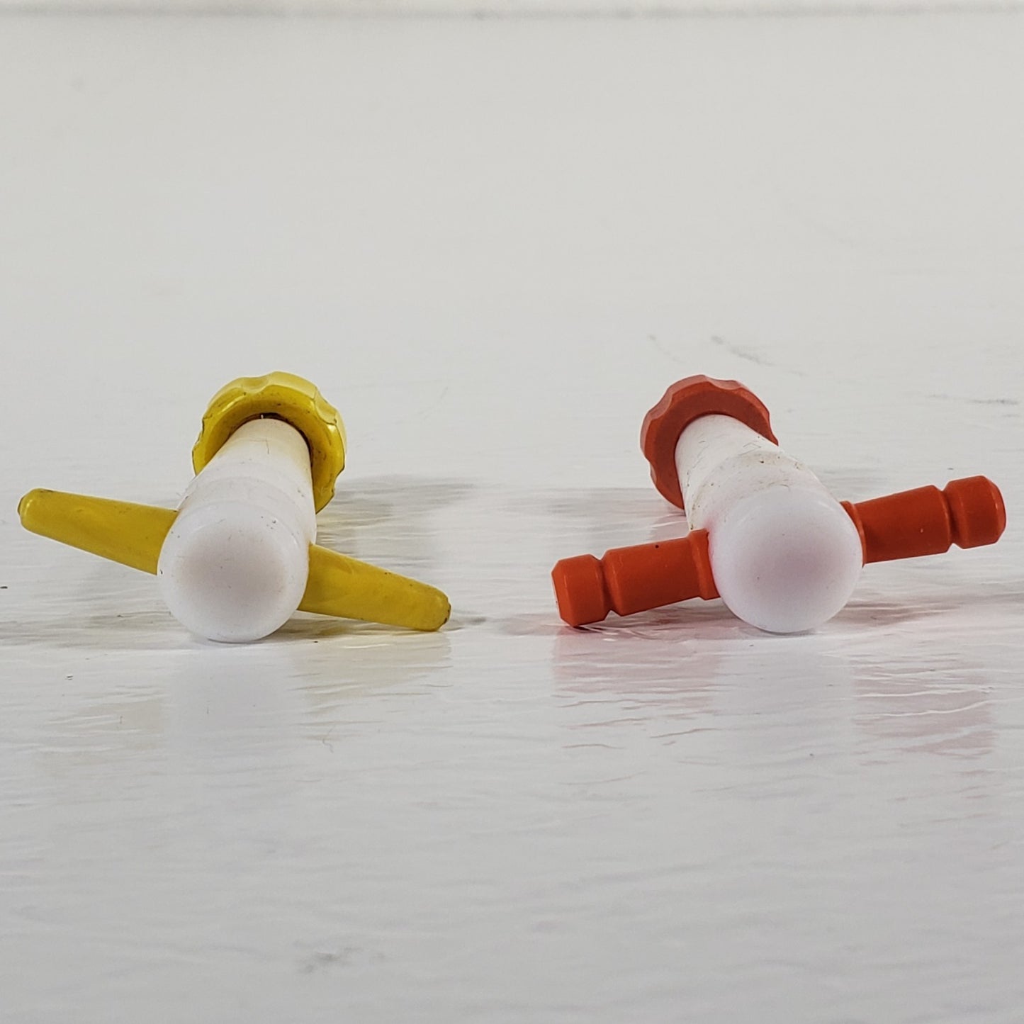 Two PTFE 13/25mm 2mm Bore Tapered Stopcocks for Glassware, Yellow & Orange