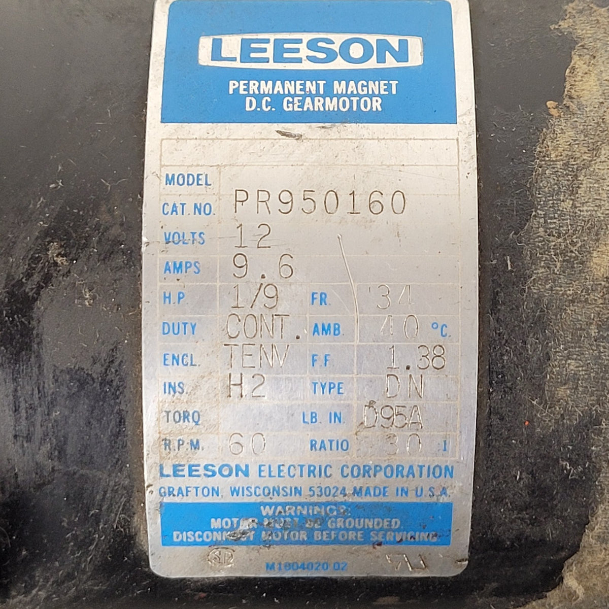 LEESON PR950160 12V 9.6A 60RPM 1/9HP Permanent Magnet DC Gearmotor Untested