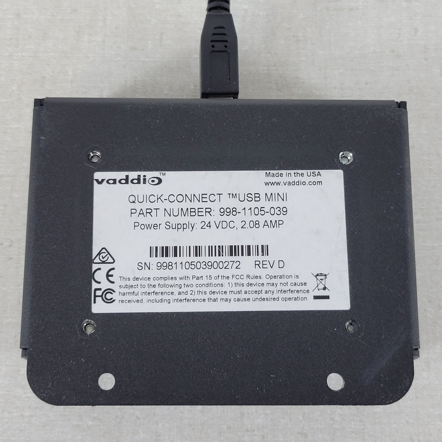 VADDIO 9981105039 Quick-Connect USB Mini, 24V DC, USB Type-A To Type-B