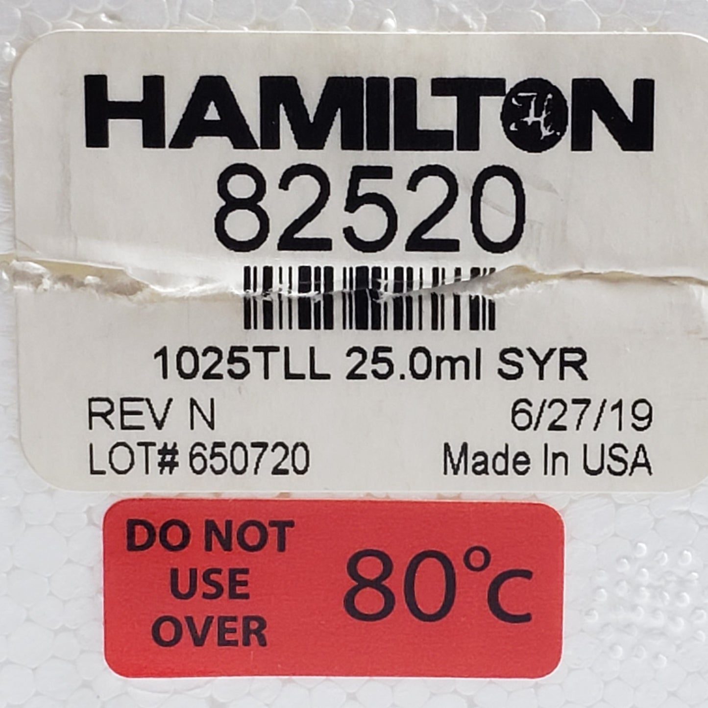 HAMILTON 82520 1025TLL 25.0ml Srng, Gastight #1025, One Hub Broken