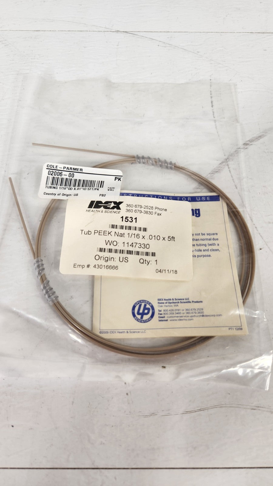 IDEX Upchurch 1531 PEEK Tubing 1/16" OD x .010" ID x 5ft Natural HPLC