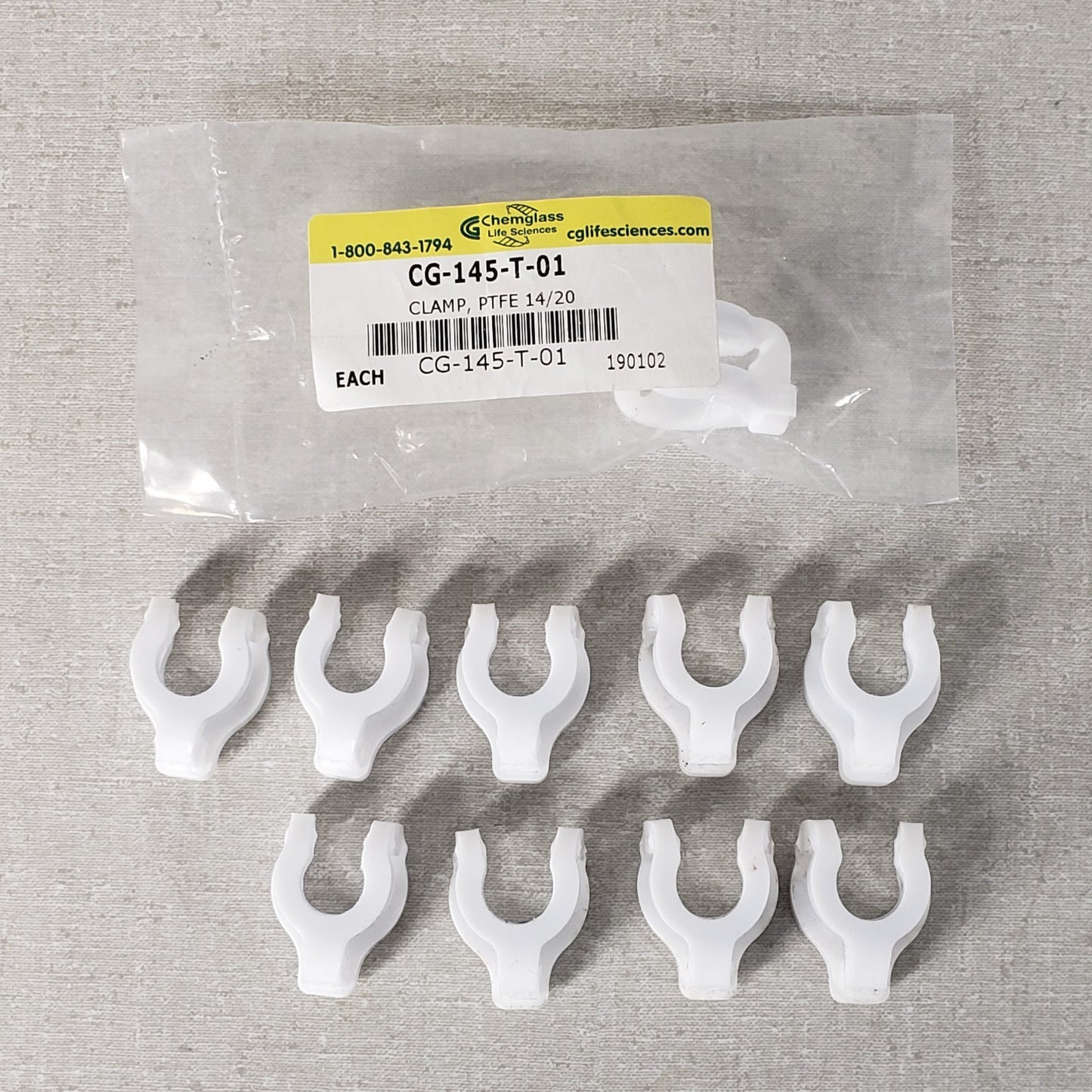 Lot Of 10 Chemglass CG-145-T-01 White PTFE Clamps For Joint Size 14/20