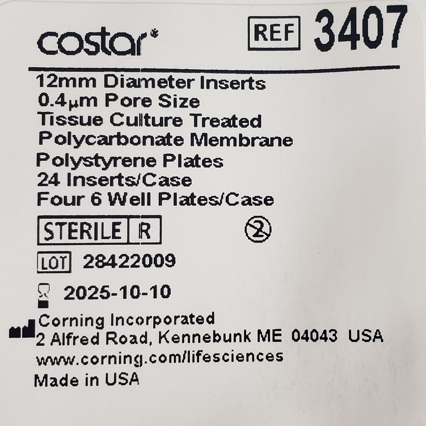 CORNING 3407 Four 6-Pack 12mm Diameter Inserts, 0.4μm Pore Size, Polycarbonate