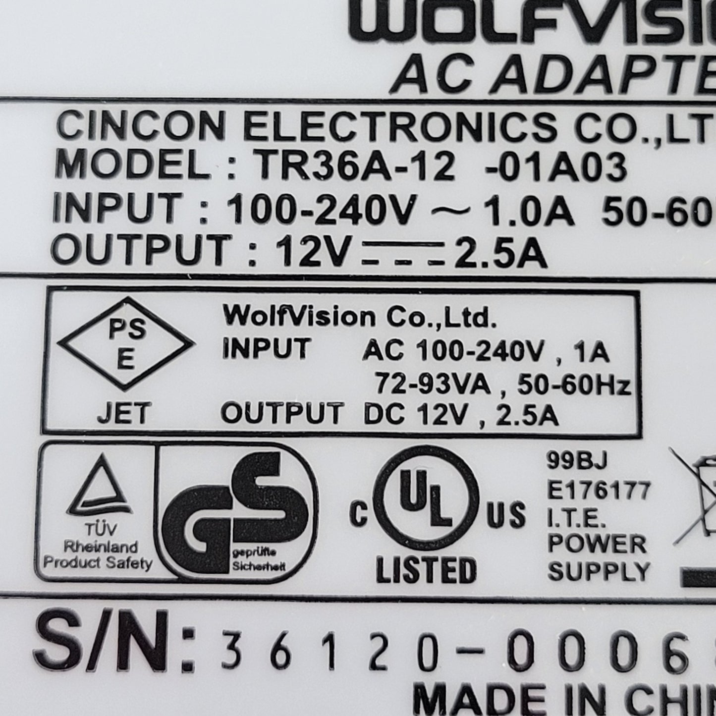 WolfVision Cincon TR36A12 12V 2.5A AC/DC Power Adapter No Cord
