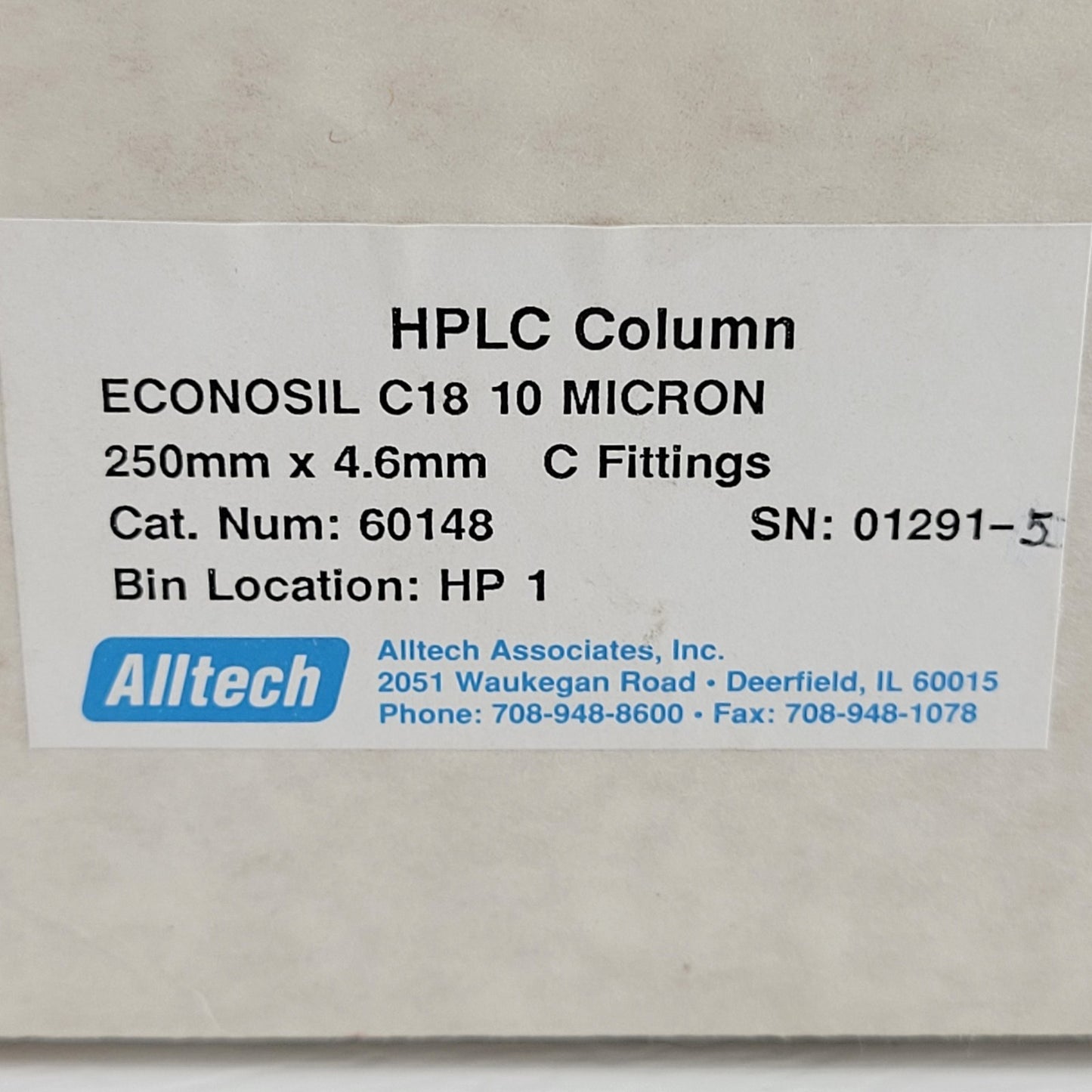 Alltech 60148 HPLC Column 250x4.6mm C Fittings w/R-Phase Test Mix & QC Papers