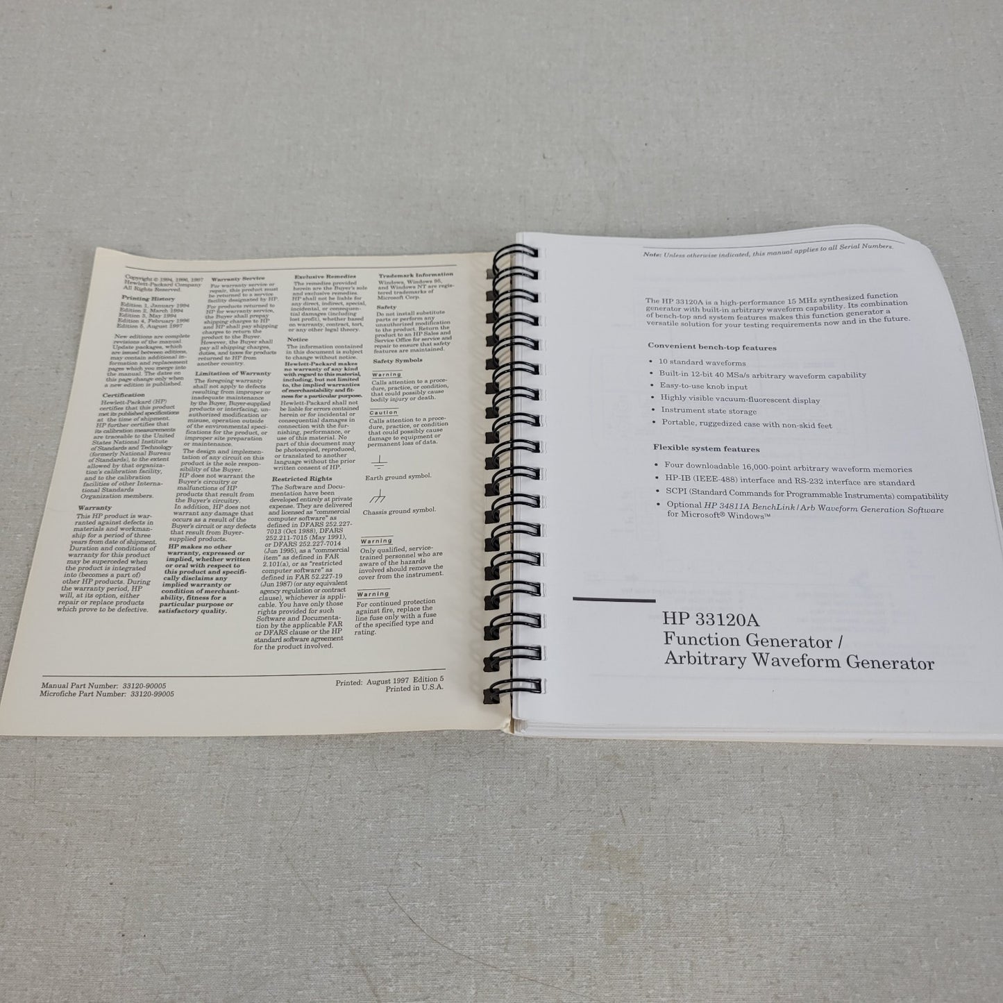 HP 33120A 33120-90005 Edition 5 Function Arbitrary Waveform Generator User Guide