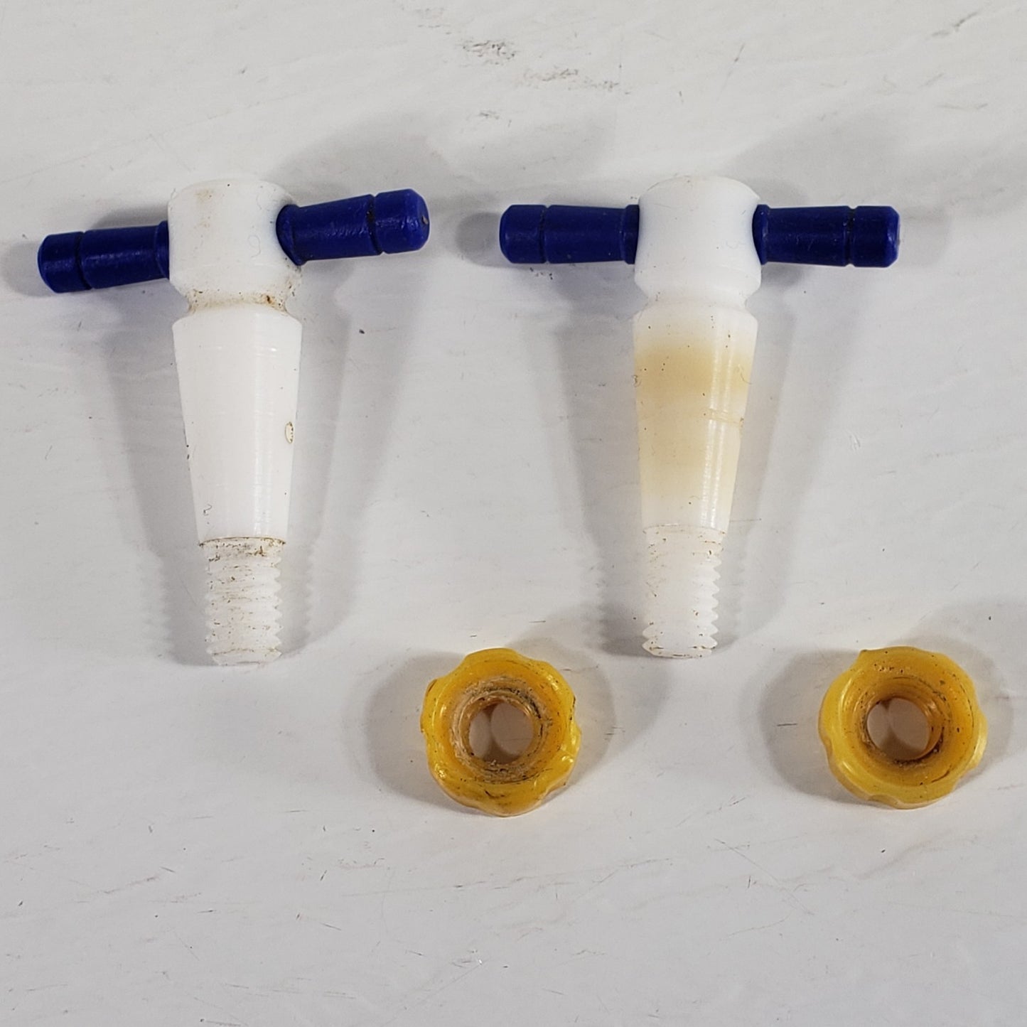 Two PTFE 13/24mm 2mm Bore Tapered Stopcocks, Blue w/Yellow Screw-In Nuts