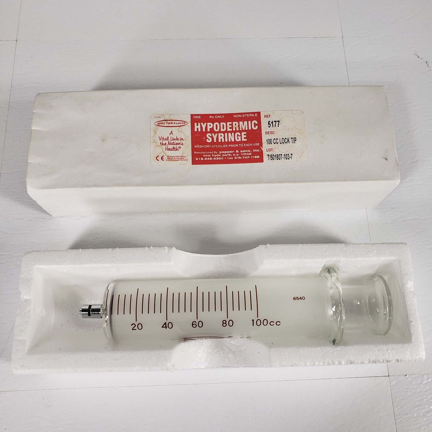 POPPER & SONS 5177 Perfektum Glass 100cc Luer Lock Tip Hypodermic Glass