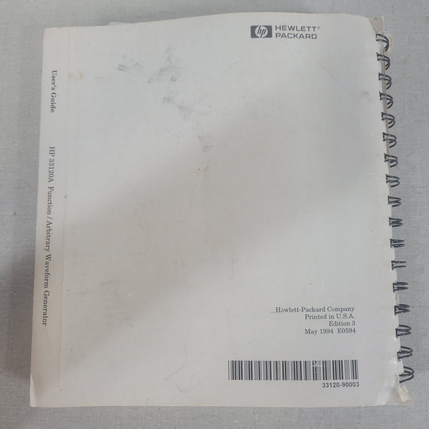 HP 33120-90003 33120A Function Arbitrary Waveform Generator User's Guide Manual