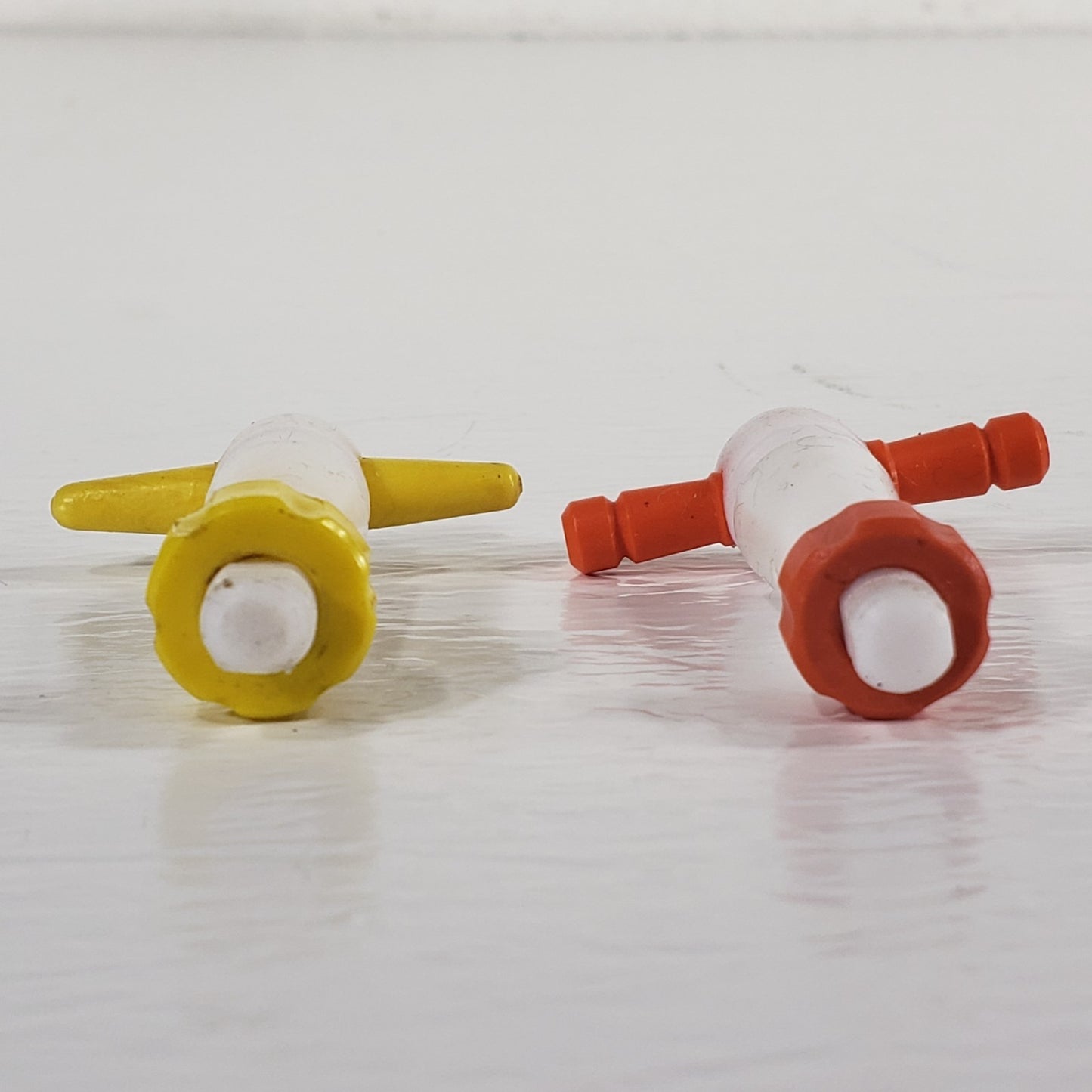 Two PTFE 13/25mm 2mm Bore Tapered Stopcocks for Glassware, Yellow & Orange