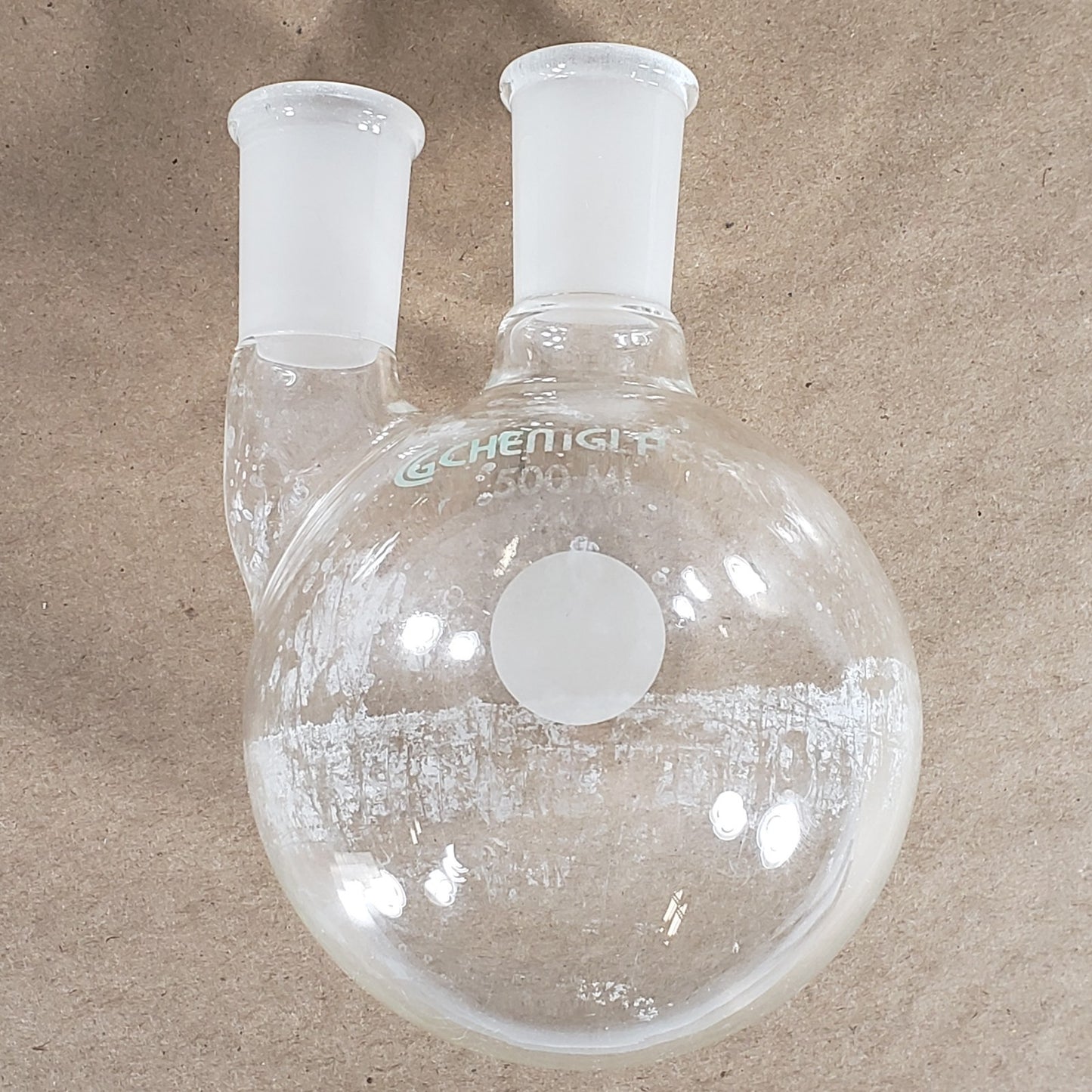 Chemglass CG-1518-06 Round Bottom Flask 500mL 2 Neck Straight 24/40 Joints
