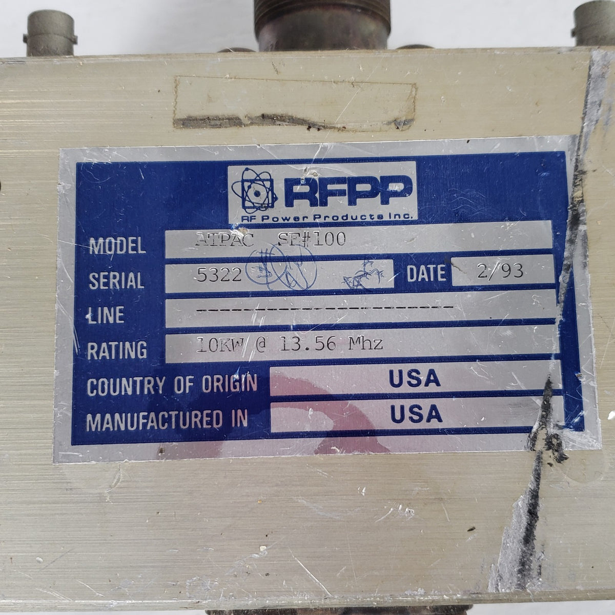 RFPP ATPAC SE#100 10kW 13.56MHz Phase Magnitude RF Sensing Coupler Splitter