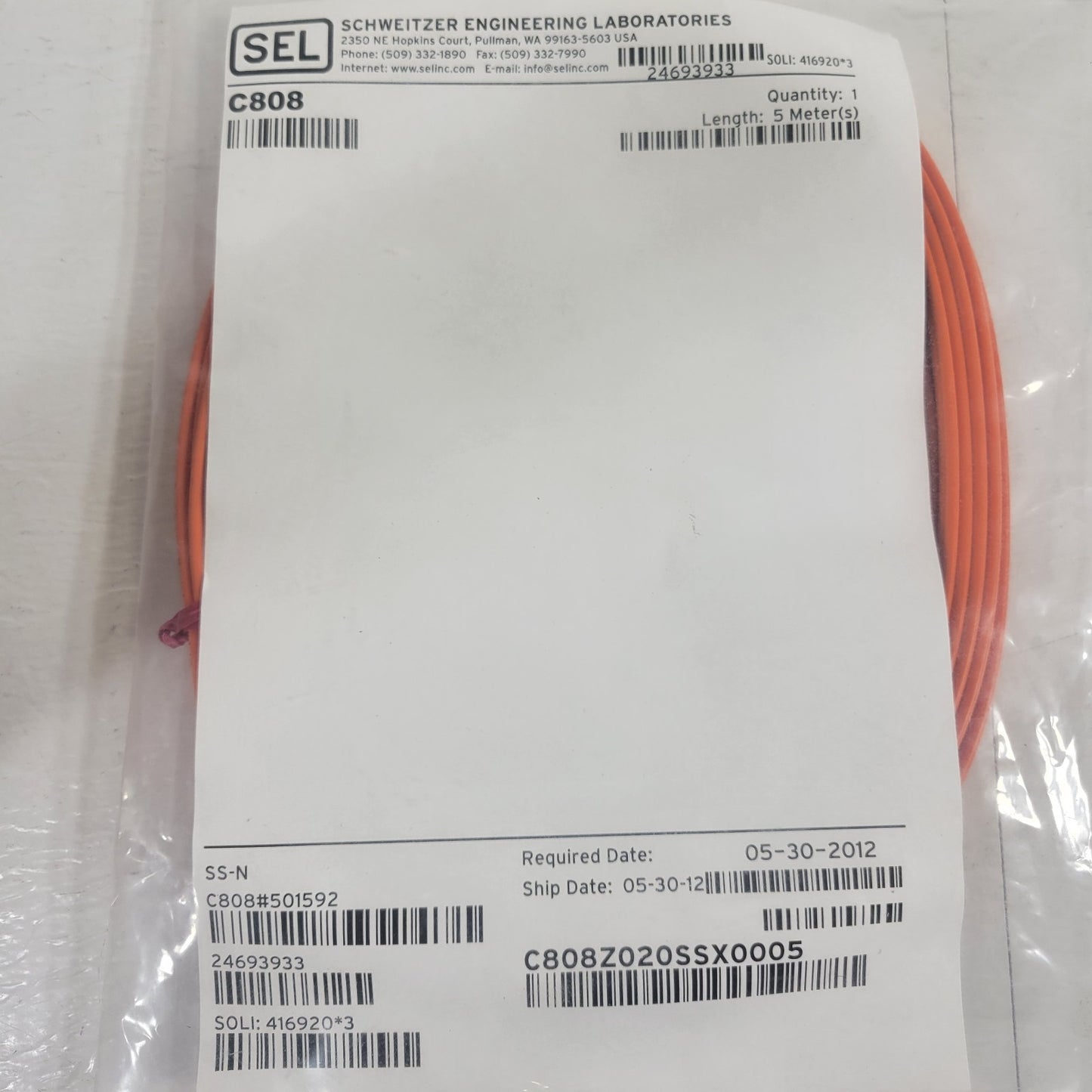 Schweitzer SEL C808Z020SSX0005 5m Duplex 62.5/125um Fiber Optic ST-ST Cable