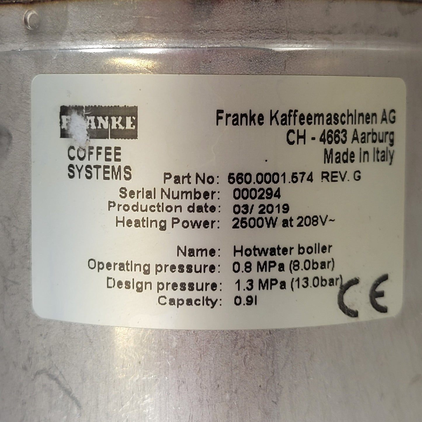 Franke 560.0001.574 Hot Water Boiler Assembly 208V 2.5kW for A800/A1000