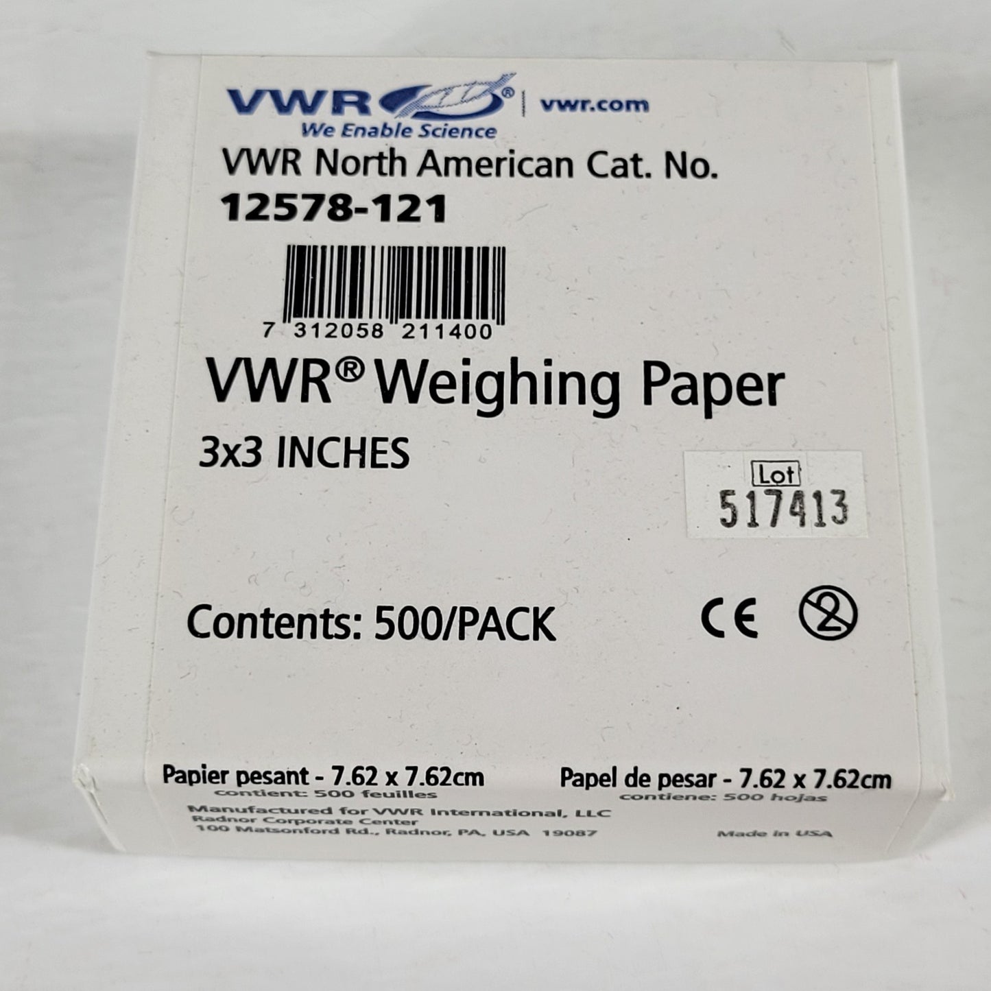VWR 12578-121 Weighing Paper 3x3 Inches, 500 Pack, New Open Box