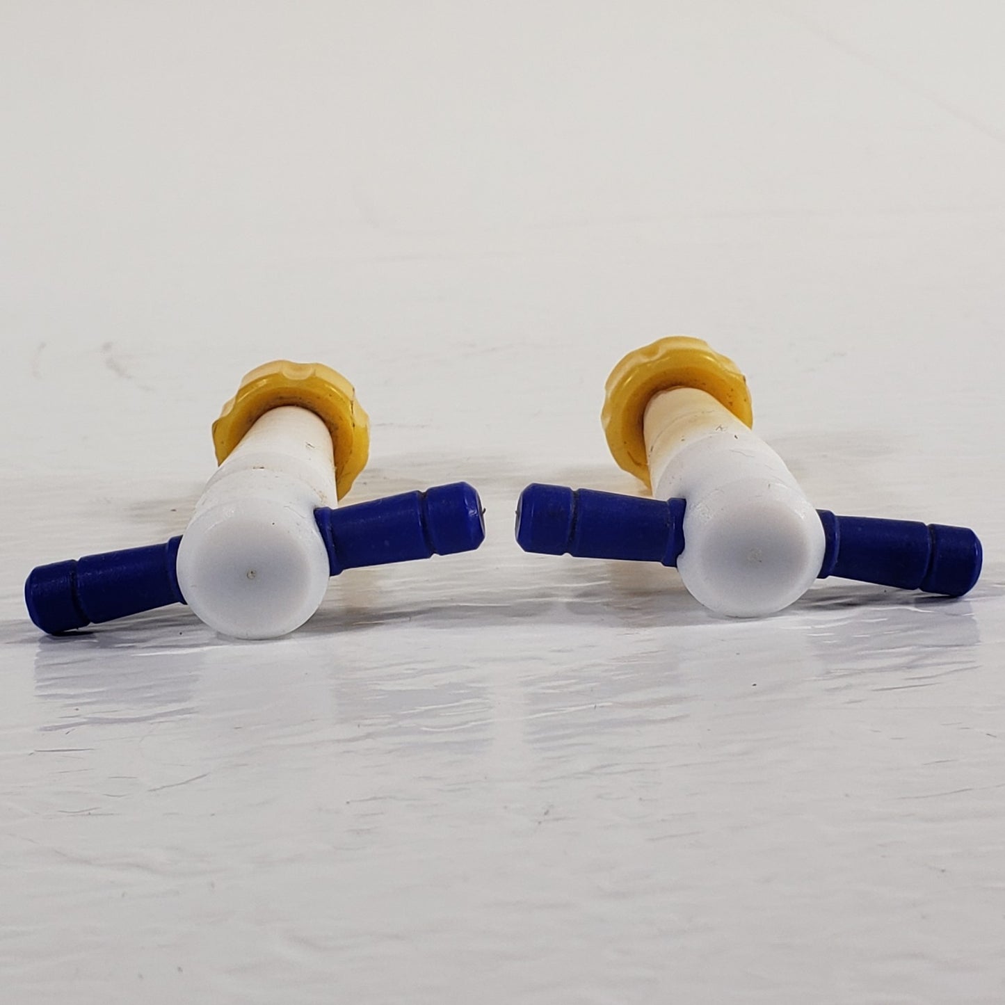 Two PTFE 13/24mm 2mm Bore Tapered Stopcocks, Blue w/Yellow Screw-In Nuts