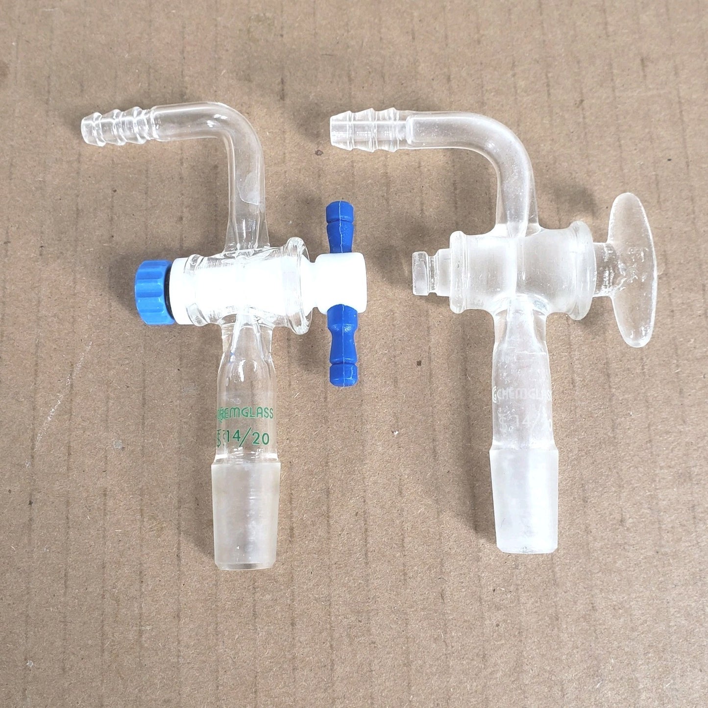Lot 2 Chemglass CG-1028-14 CG-1030-14 Flow Control Adapters 14/20 Hose