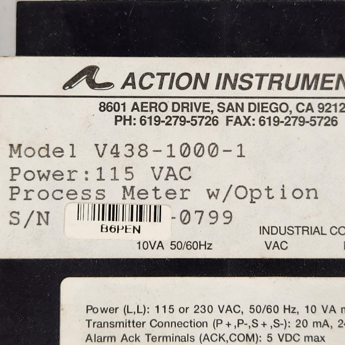 Action Instruments V438-1000-1 VisiPak DC Process Panel Meter 120VAC 2 Relays