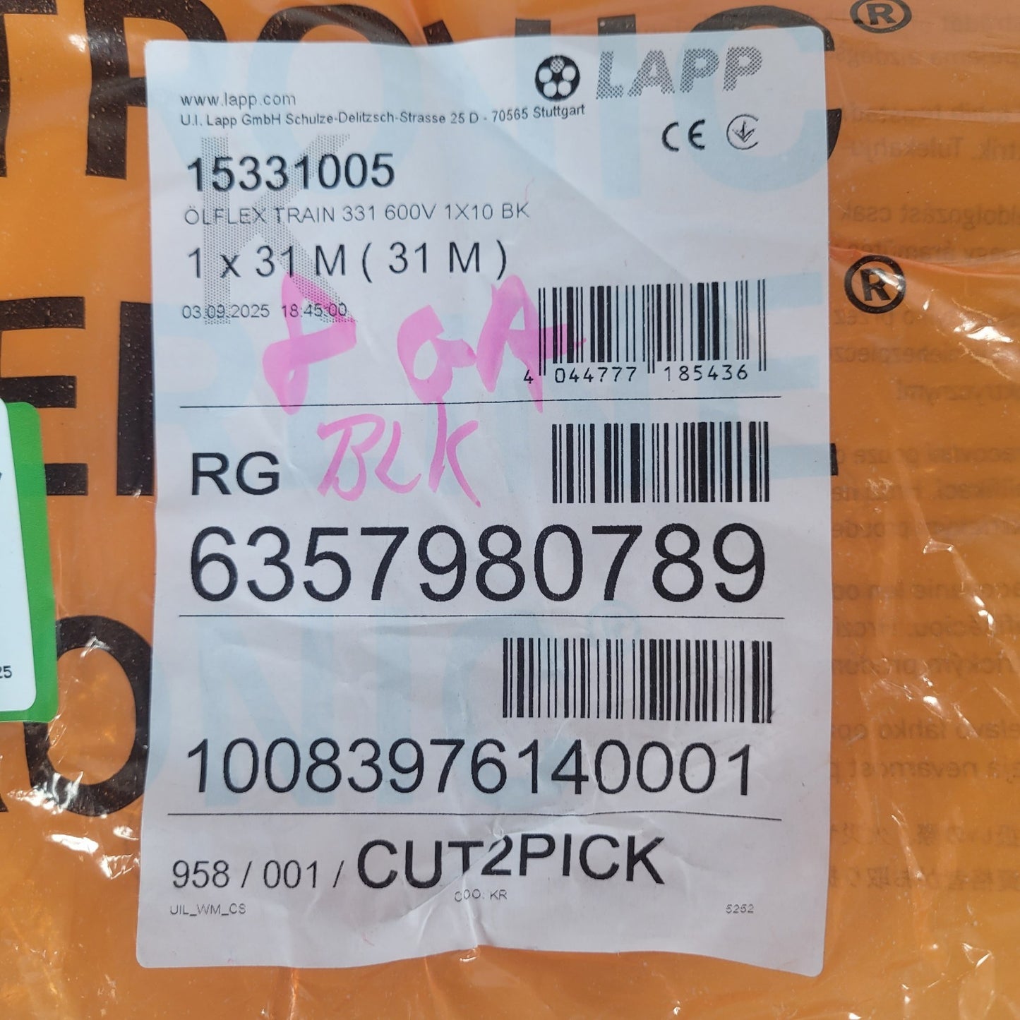 Partial Reel 21 ft LAPP Tannehill1 5331005 Olflex Train 331 600v 1x10 BK 8 GA
