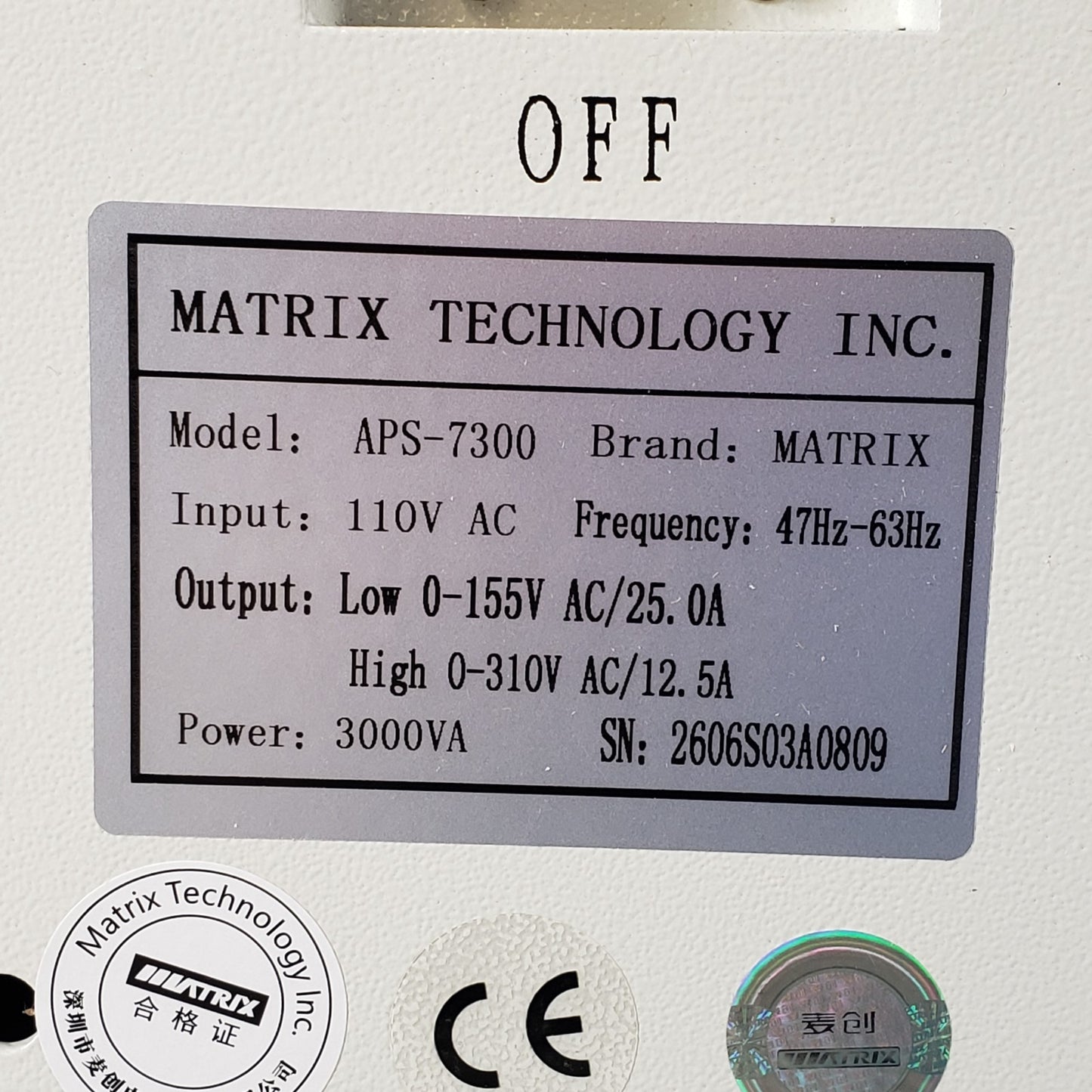TESTED Matrix APS-7300 Programable AC Power Supply 0-310V 45-500Hz *READ DESC*