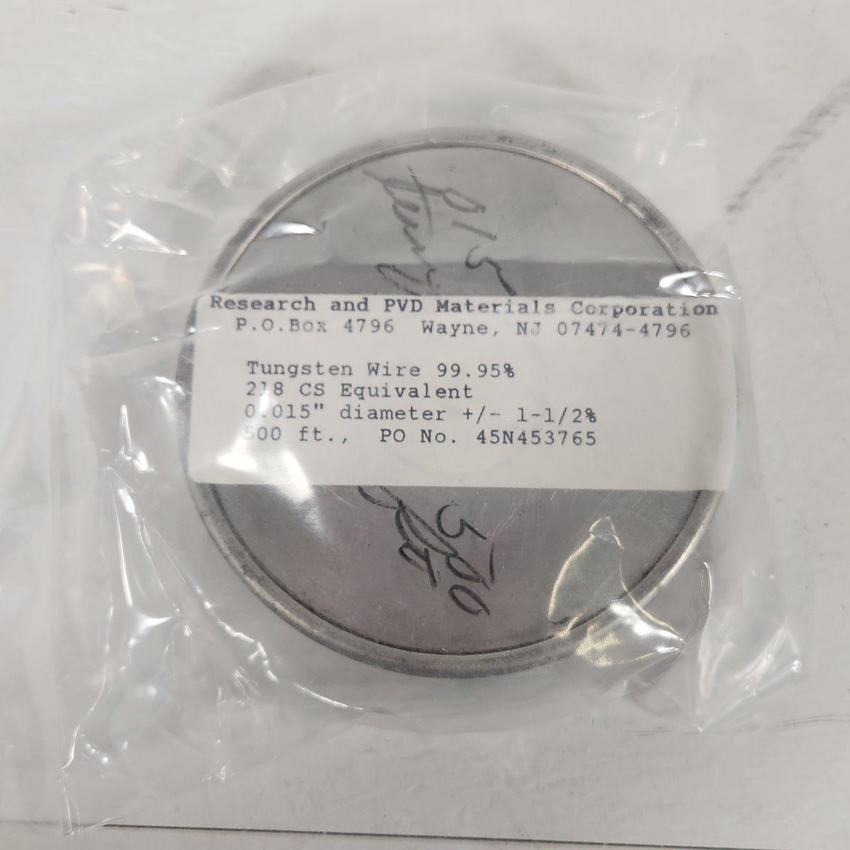 Research & PVD 45N453765 Tungsten Wire 99.95% .015in x 500ft Sealed NOS