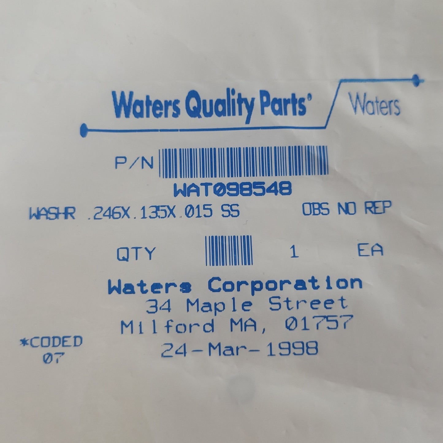 Waters WAT098548 Stainless Flat Washer for 510 600 HPLC Pump Inlet Manifold