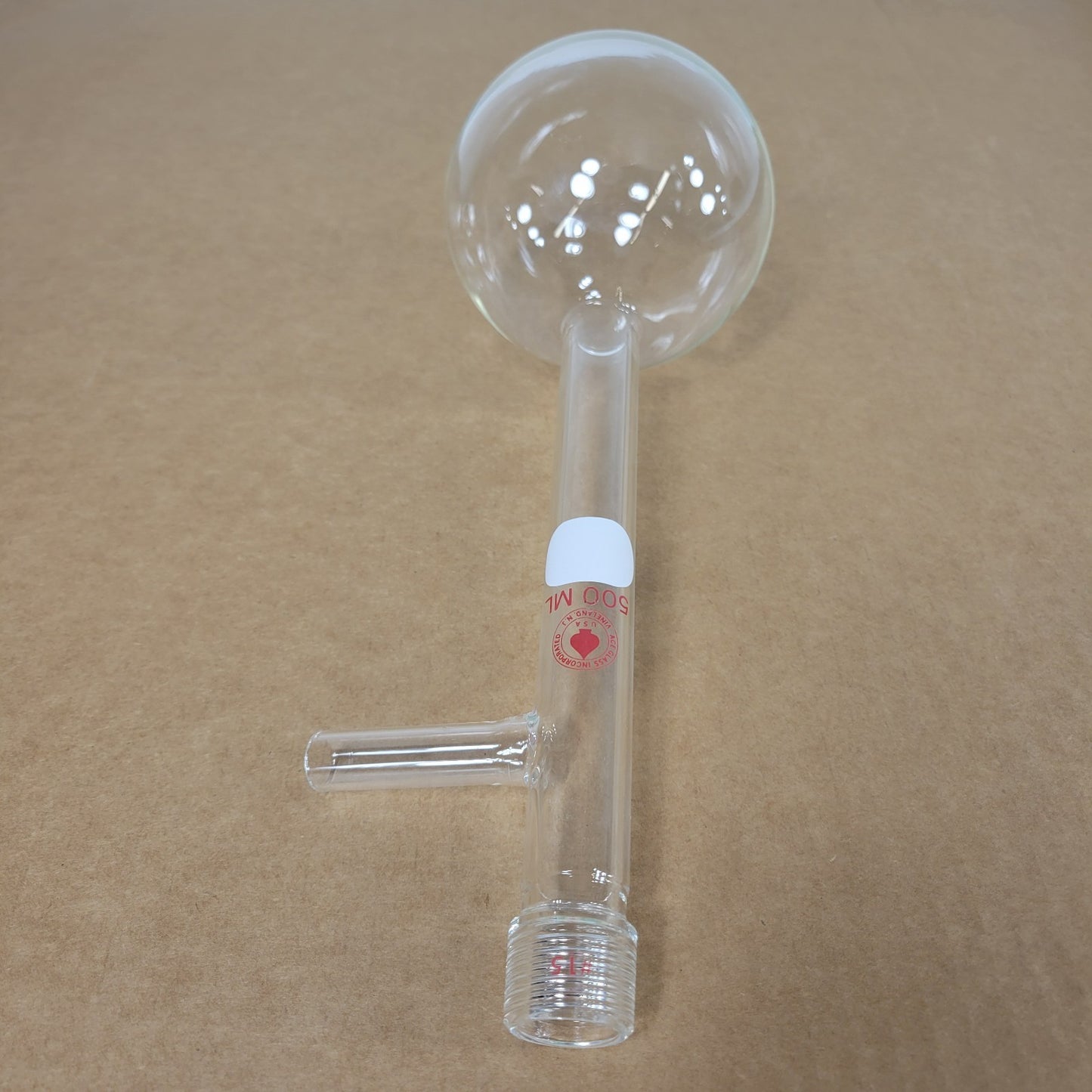 Ace Glass 7814-08 500mL Round Bottom Flask 3/8" OD Cajon Side Arm #15 Threads