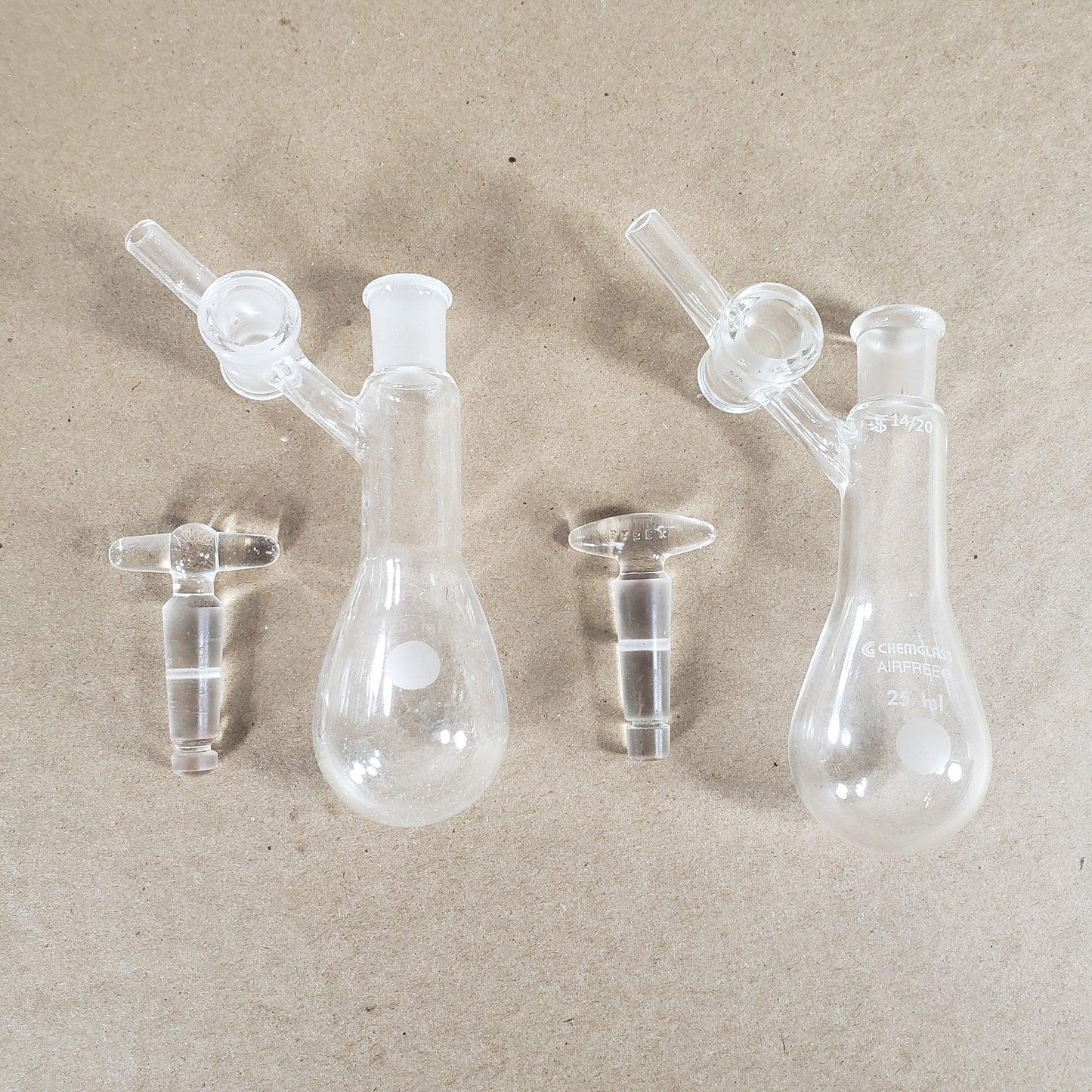 Lot of Chemglass AF-0520-26/25/22 Schlenk Flasks 200mL 25mL 2 w/out Plugs