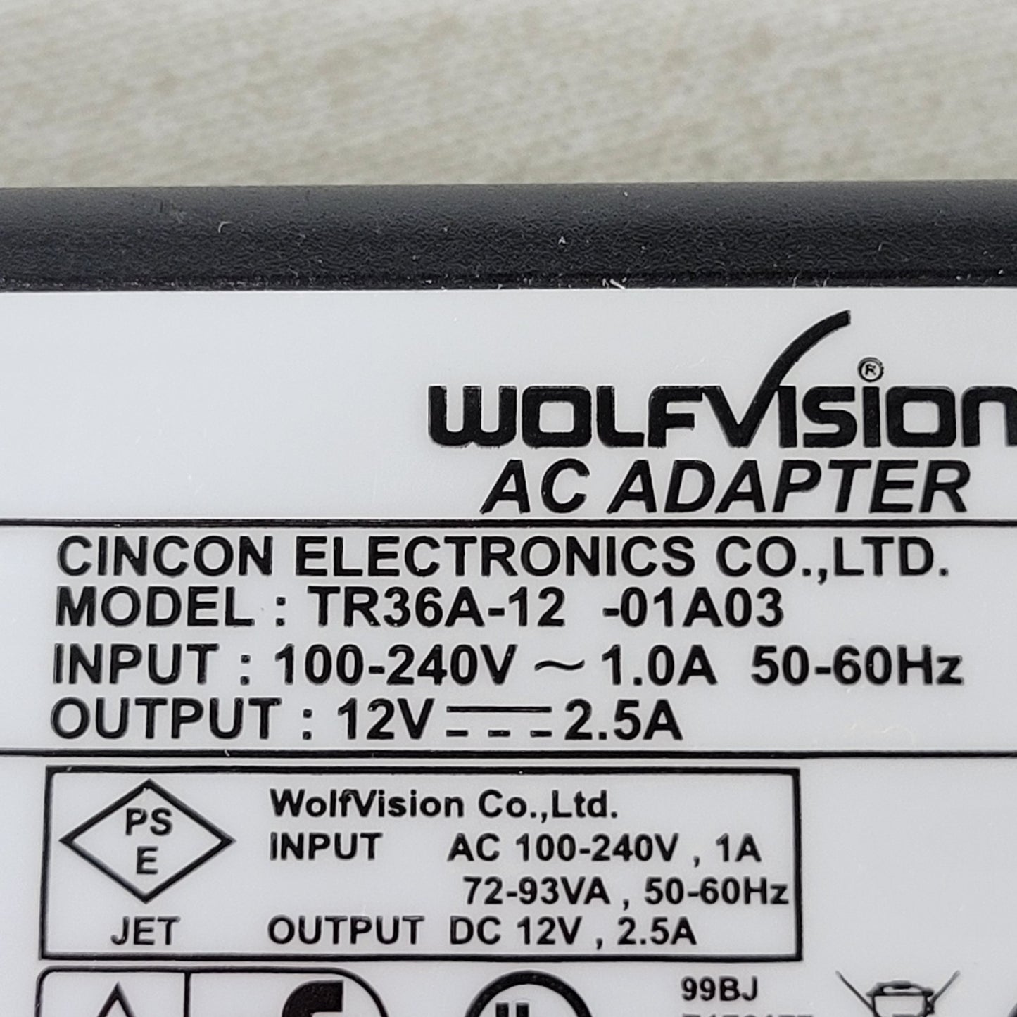 WolfVision Cincon TR36A12 12V 2.5A AC/DC Power Adapter No Cord
