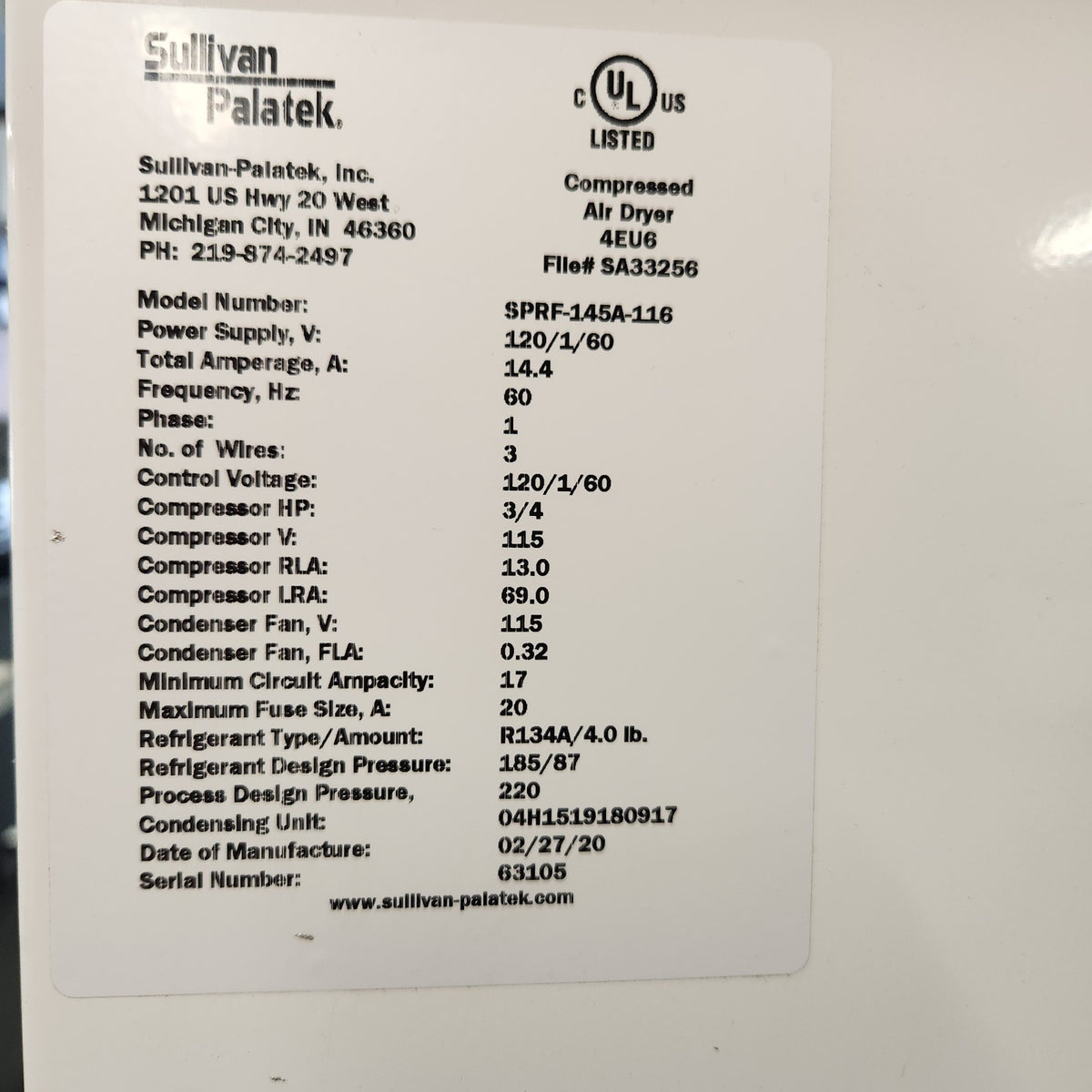 Sullivan-Palatek AA-30 30HP 120CFM Oil-Free Air Compressor w SPRF-145A Air Dryer