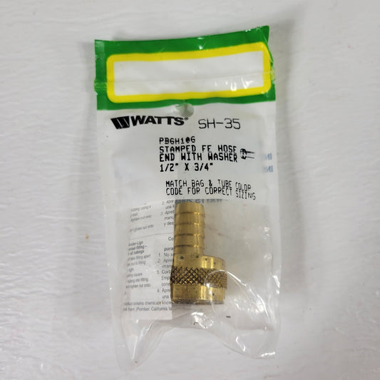 WATTS PBGH106 SH-35 Stamped FF Hose End w/Washer, 1/2" x 3/4", Manual Included