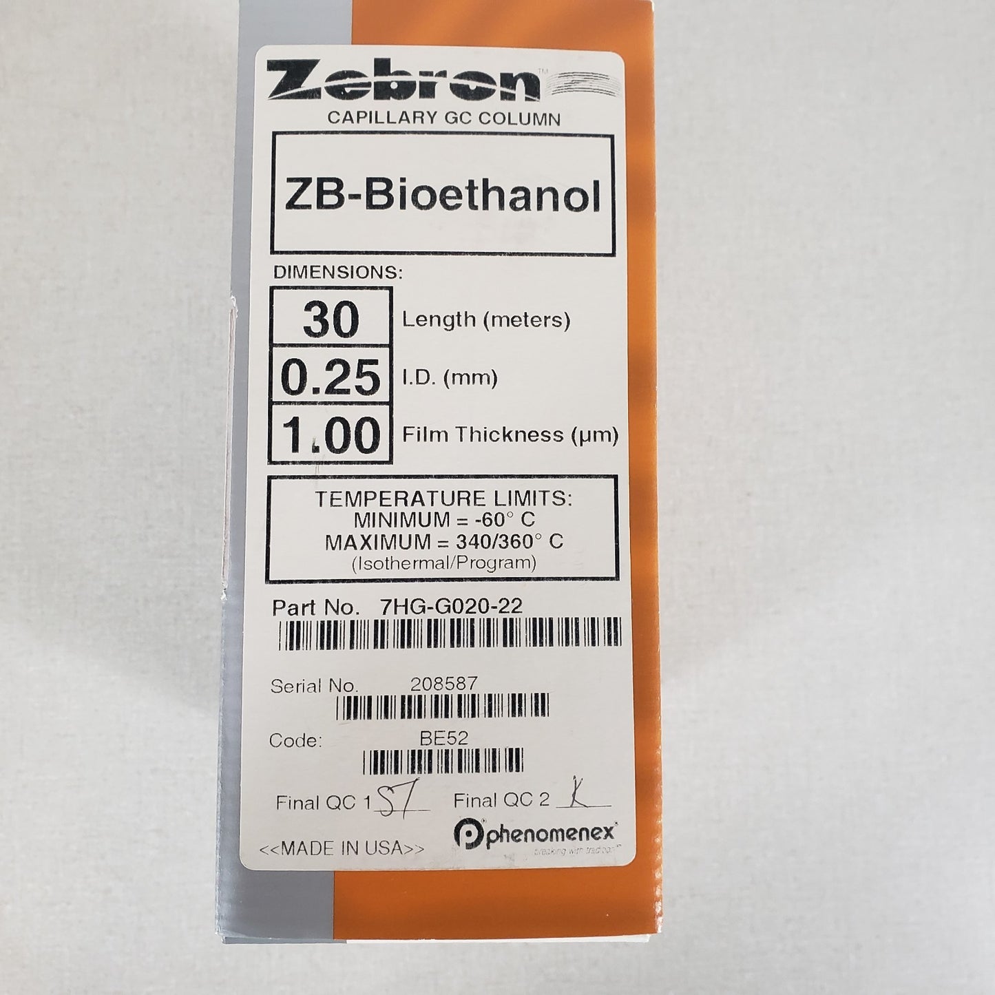 Phenomenex Zebron 7HG-G020-22 Capillary GC Column ZB-Bioethanol 30 Meter Length