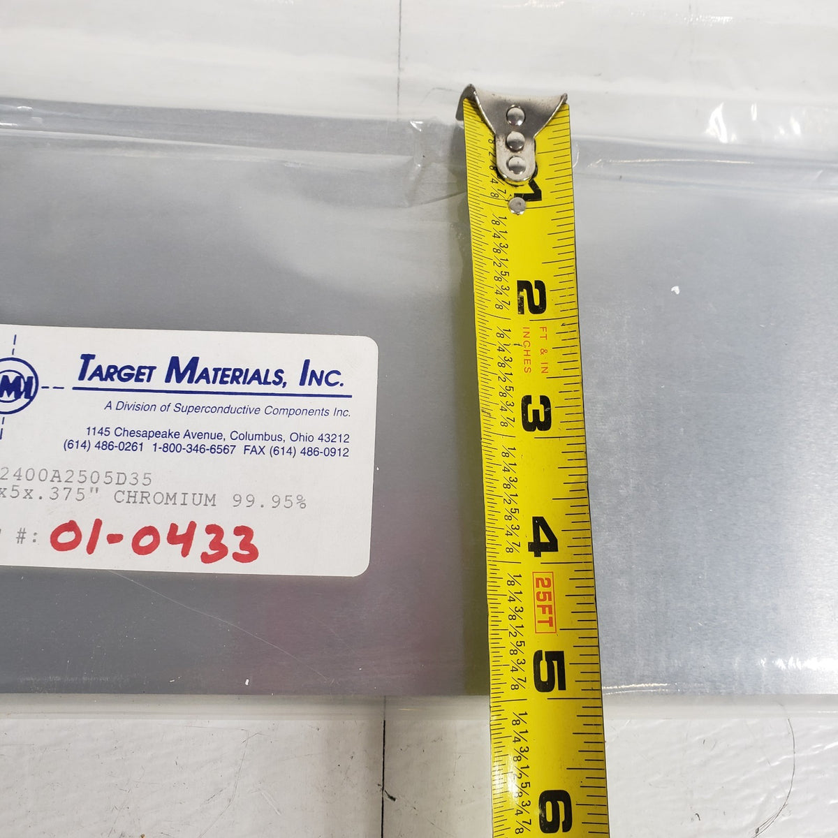 Target Materials R02400A2505D35 Chromium Sputter Target 25x5x.375 99.95% Plate