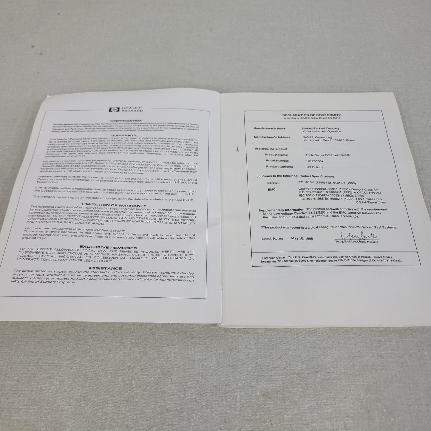HP Agilent E3630A Triple Output DC Power Supply Manual 5959-5329 1993