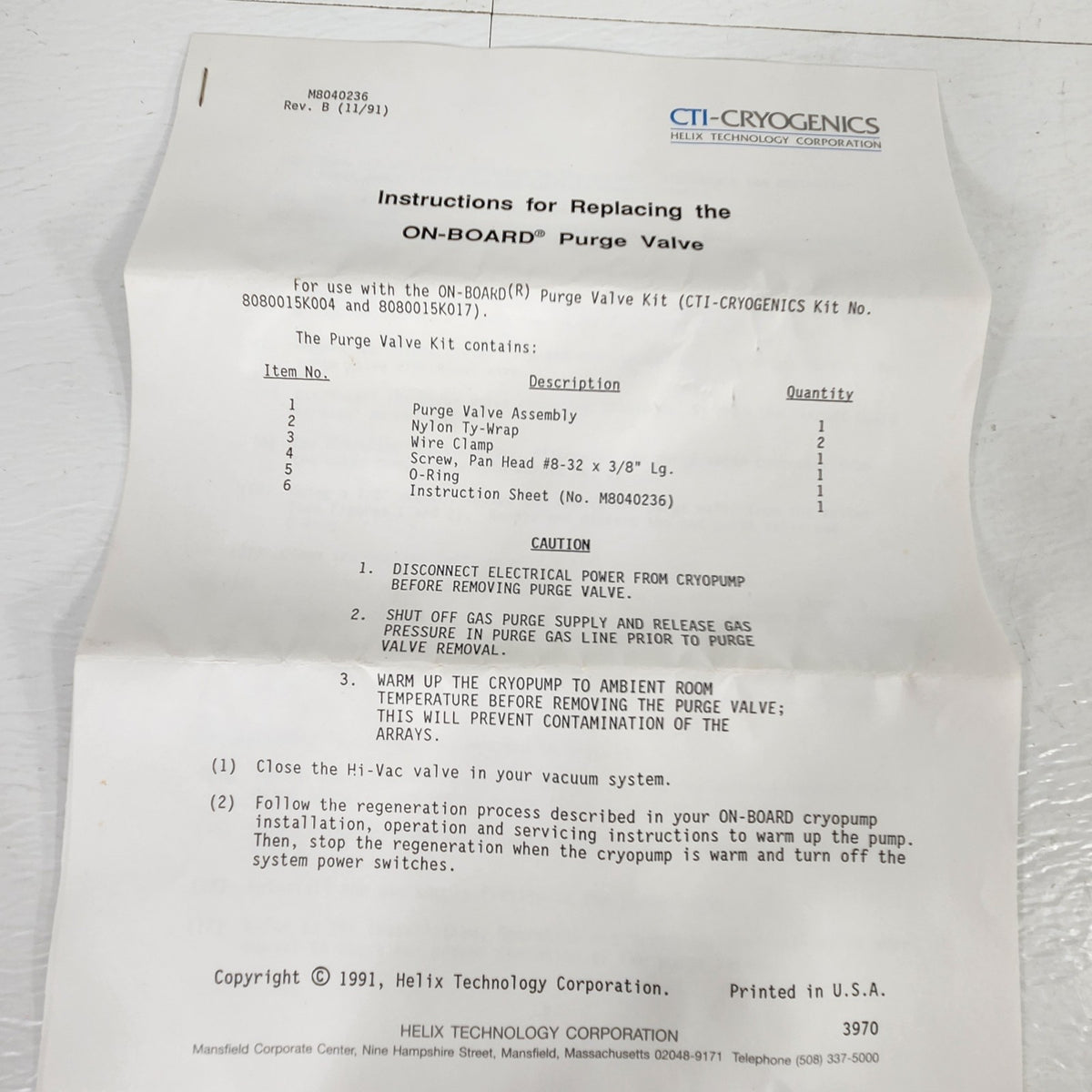 CTI Cryogenics 8112095G001 On-Board Cryopump Purge Valve Kit 40-80 PSI
