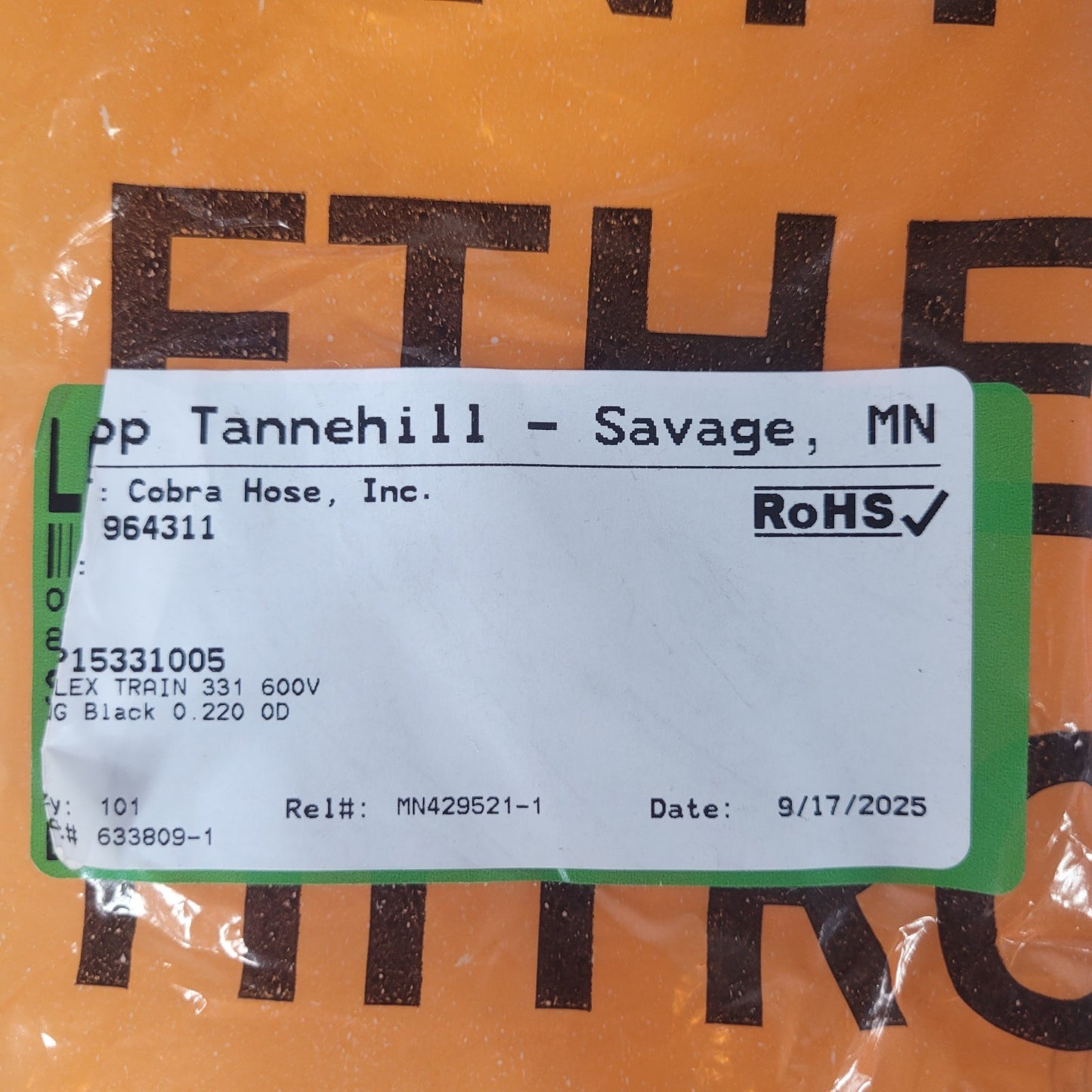 Partial Reel 21 ft LAPP Tannehill1 5331005 Olflex Train 331 600v 1x10 BK 8 GA
