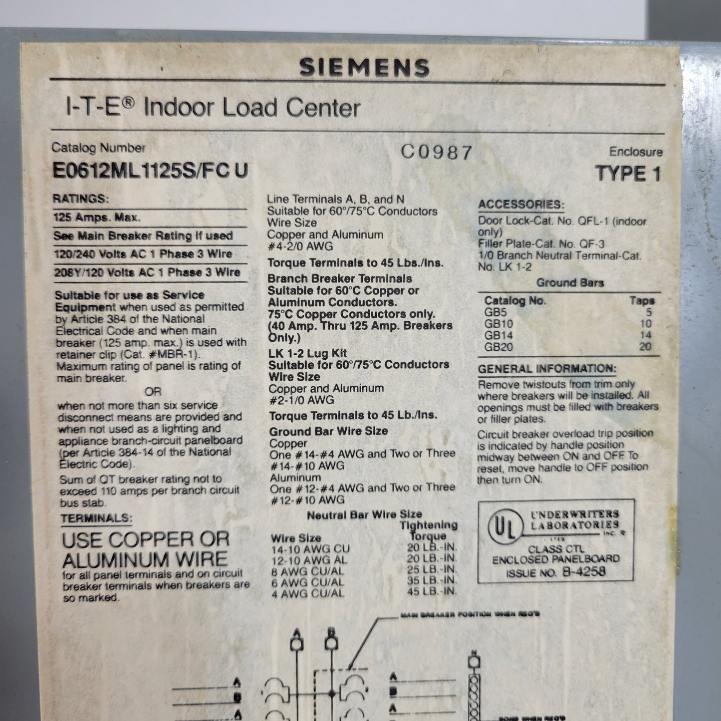 Siemens ITE E0612ML1125S/FC-U Electrical Subpanel 8 Breaker Split Phase 125 Amp