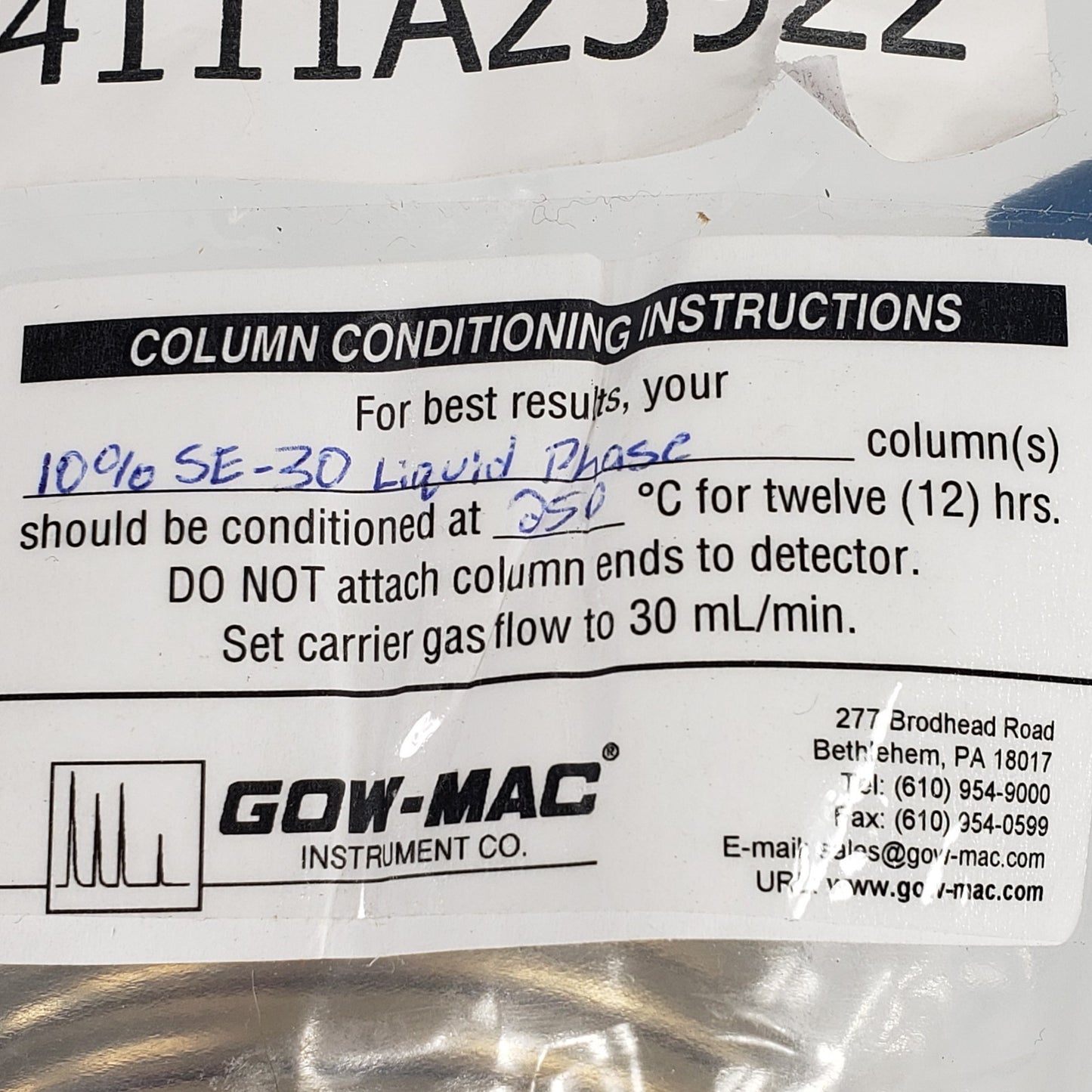 GOW-MAC C4111A23922 Stainless Steel Gas Chromatography Column for Complex Mixes