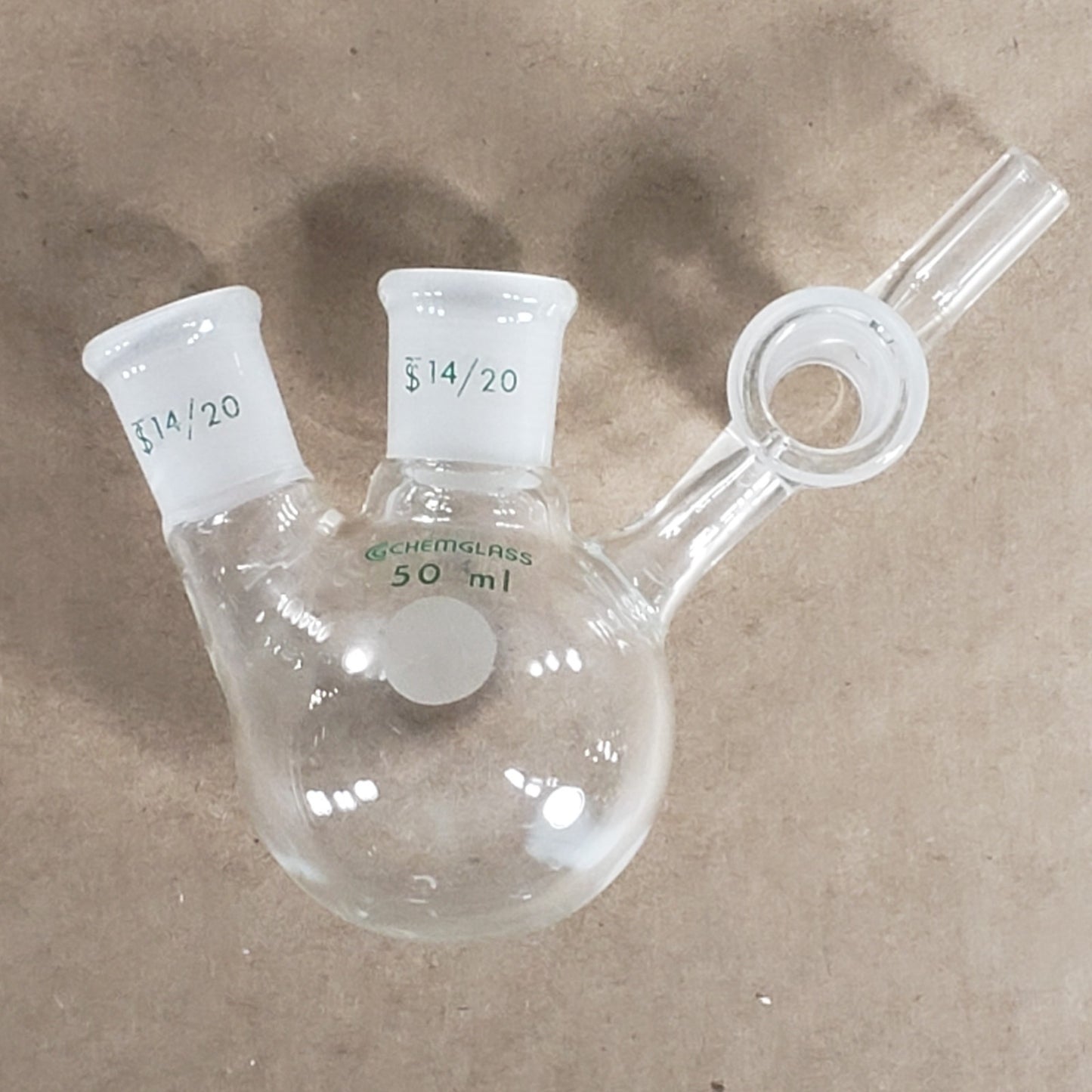 Set of 2 Chemglass AF-0530-03/01 250/50mL CN & SN 14/20 Round Bottom Flask