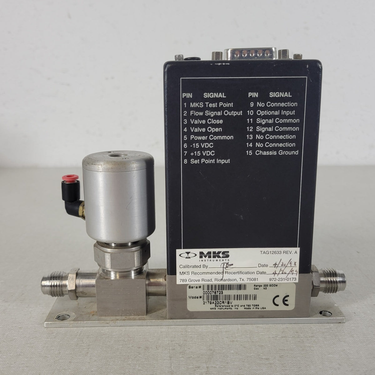 MKS 2179A22CR1BV 200 SCCM N2 Mass-Flo Controller MFC 1/4in VCR 15-Pin Mass Flow