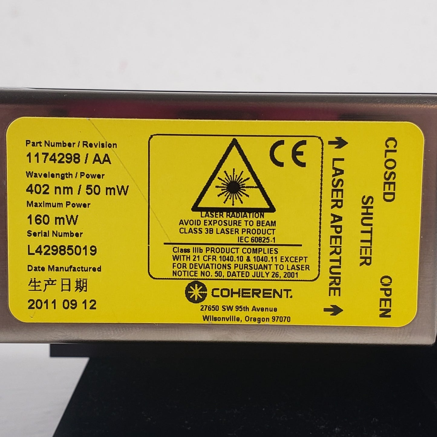TESTED Coherent CUBE 1174298 405nm 50mW Violet Diode Laser 80mW Output