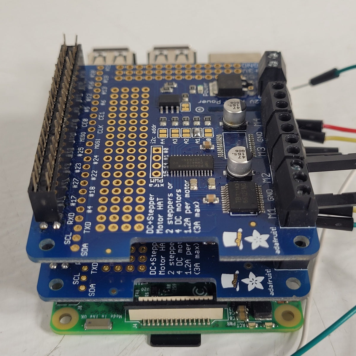 Raspberry Pi 3 Model B+ 1GB w/ 2 Adafruit DC Stepper Motor HATs 2348