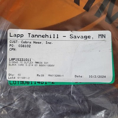 40FT Lapp Tannehill Lap15331011 Olflex Train 331 Black Core 0.614 OD 600V/1000V