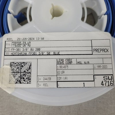 Partial Reel 30 ft 3M FP012B-50-ND FP-301 3/8" Blue Heatshrink Tubing 2:1 Ratio