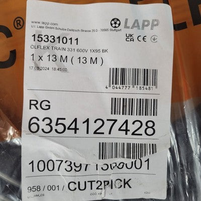 40FT Lapp Tannehill Lap15331011 Olflex Train 331 Black Core 0.614 OD 600V/1000V