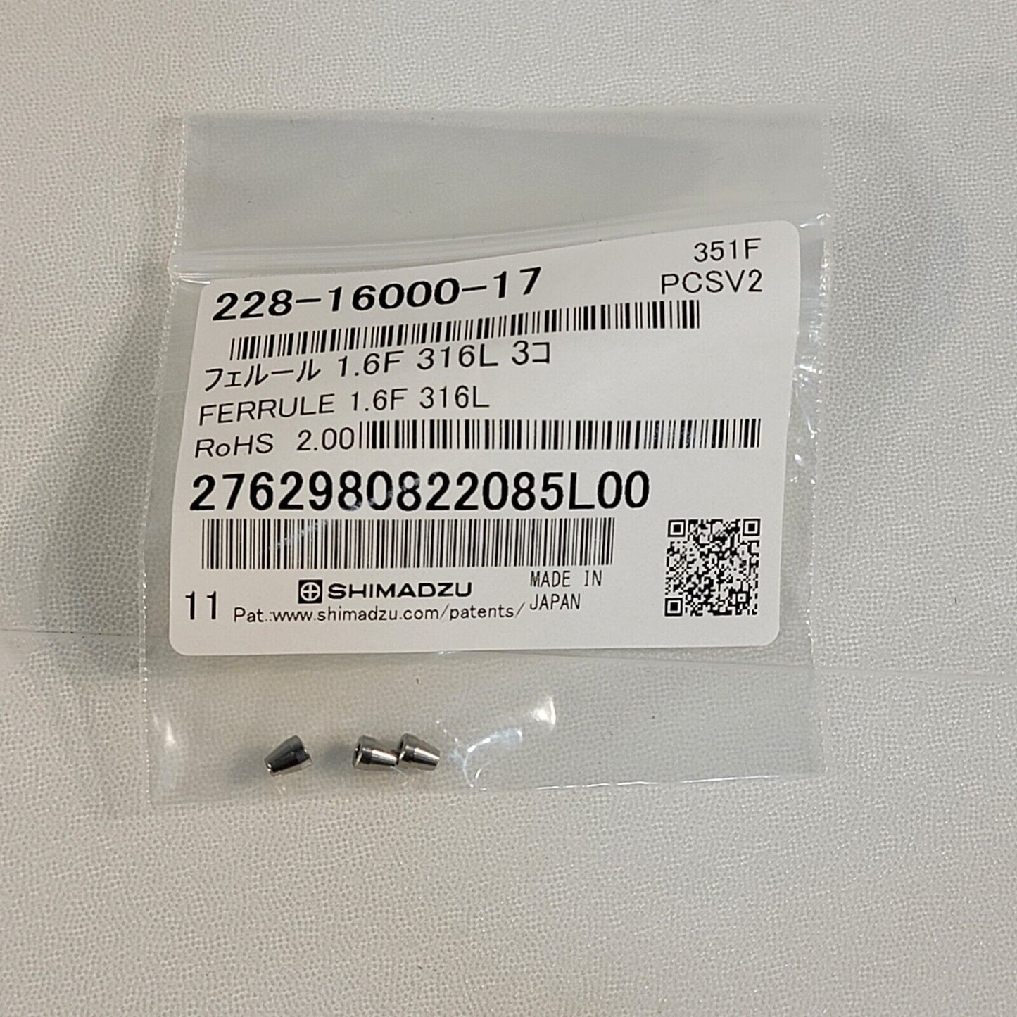 Shimadzu 228-16000-17 Ferrule 1.6F 316L for 1/16" Tubing 3/pack