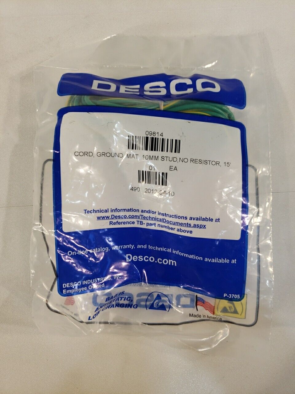 Desco 09814 Dome Ground Cord No Resistor 10mm Stud 15ft Cord Ring Terminal ESD