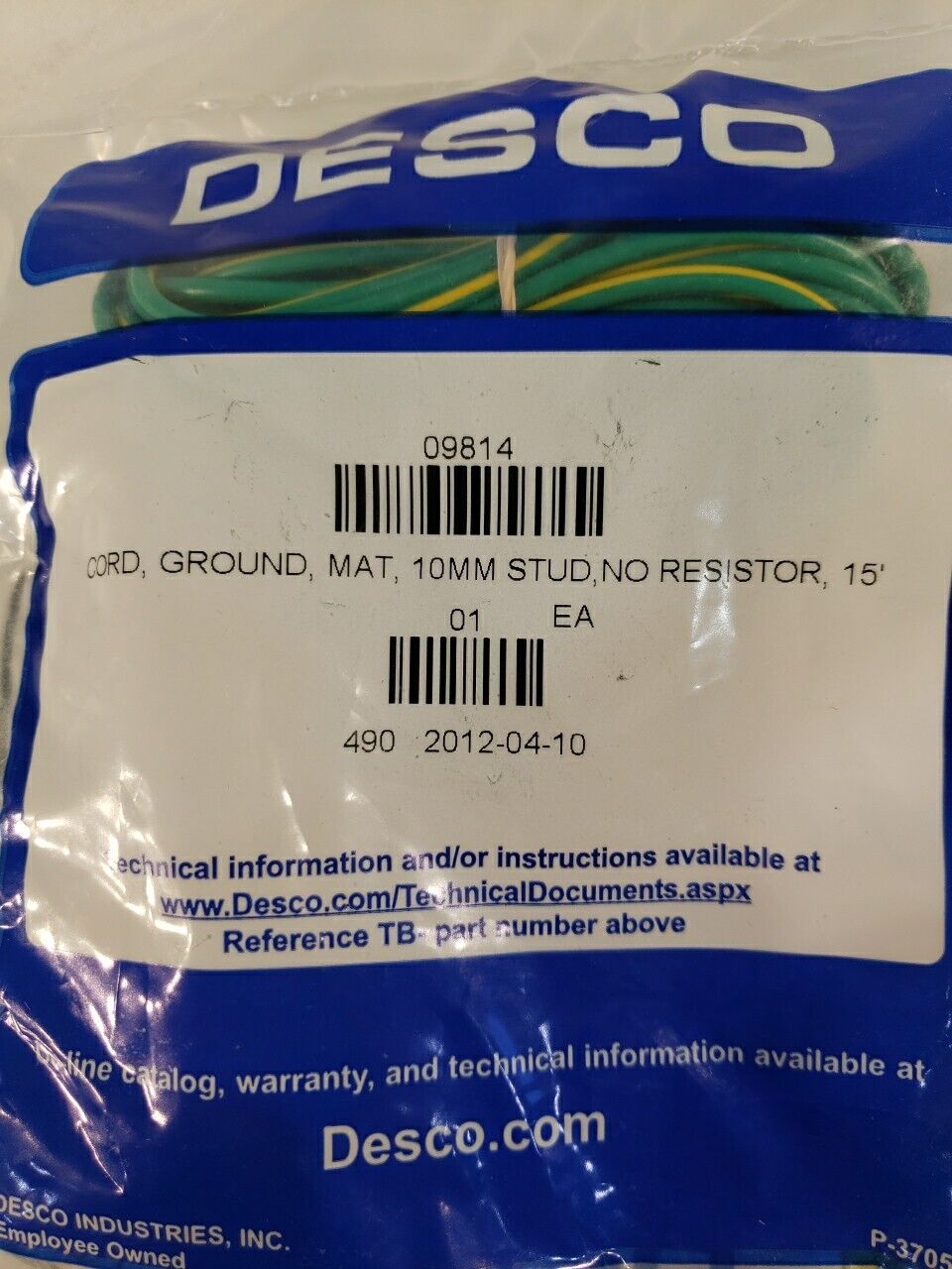 Desco 09814 Dome Ground Cord No Resistor 10mm Stud 15ft Cord Ring Terminal ESD