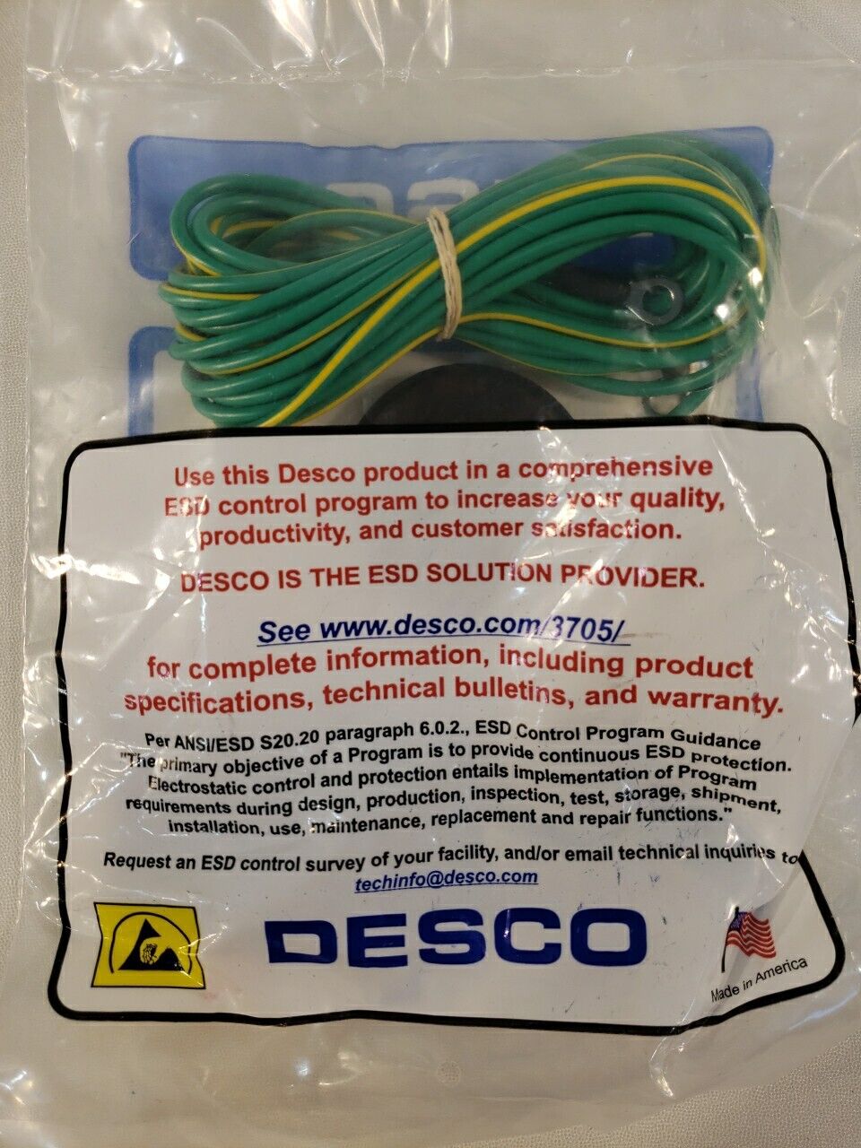 Desco 09814 Dome Ground Cord No Resistor 10mm Stud 15ft Cord Ring Terminal ESD